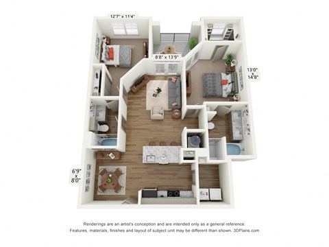 Floor plan for 2 beds, 2 baths, 1148 sqft